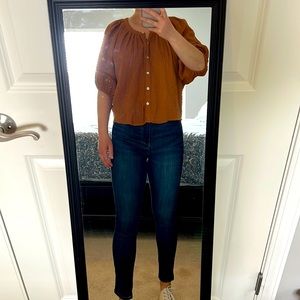 Red Haute Blouse. Tan Blouse with Pearl Buttons. Size S. Brand New with Tags.